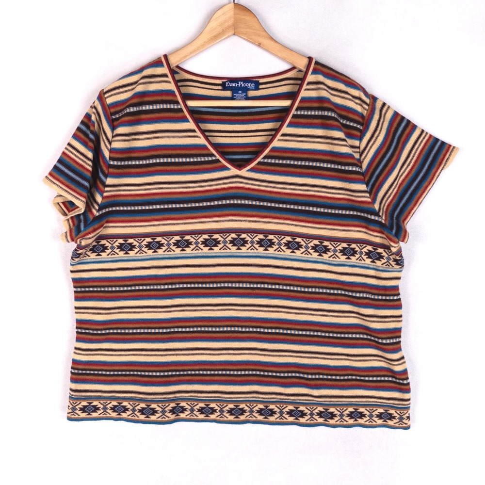 Evan-Picone Womens V-Neck Sweater Top 2X Multicolor Southwestern Striped Knit